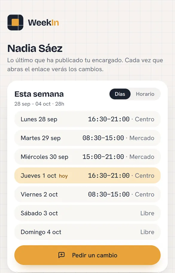 El horario de la semana de una persona en su móvil, que se puede ver por días o en rejilla horaria, con el botón para pedir un cambio